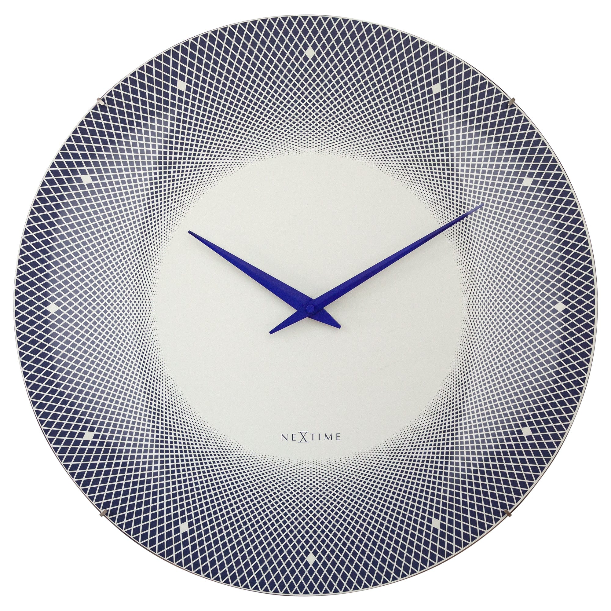Large NeXtime wall clock with 50cm domed glass lens, silent quartz movement, featuring a sleek glass design.